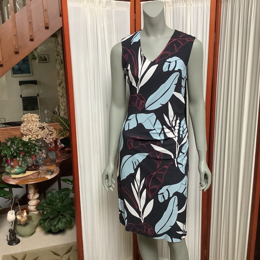 Hugo Boss Womens Erea Ruched Sheath Dress Blue Floral Print Sleeveless Size M